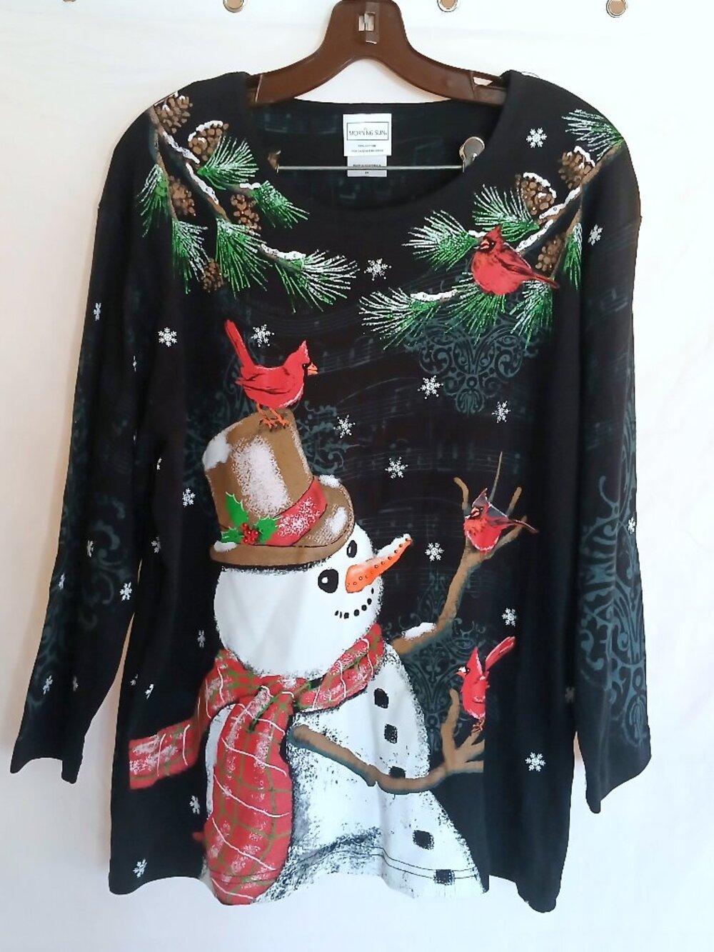 Morning Sun Hand‑Painted Snowman Cardinal Top Shirt Plus 2X Winter Cottagecore